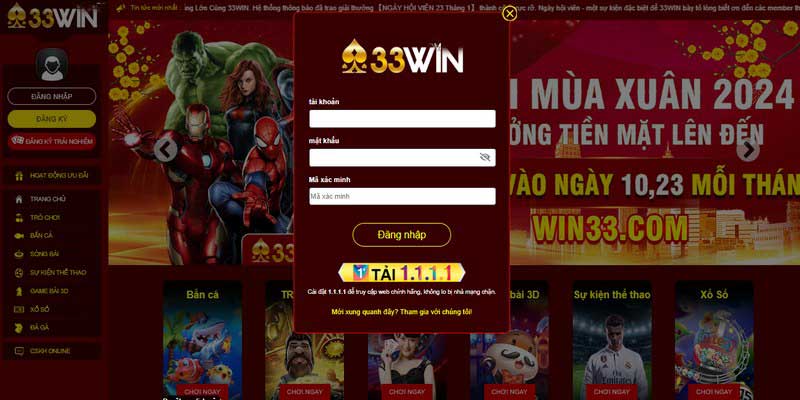 Đăng nhập tại 33Win trên website